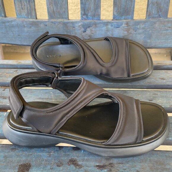 Vince Fresca Womens Sandals Size 8 Black Leather Open Toe Platform Hook & Loop - Picture 6 of 9